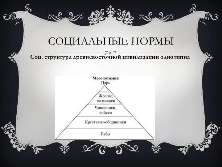 Соц. структура древневосточной цивилизации однотипна СОЦИАЛЬНЫЕ НОРМЫ