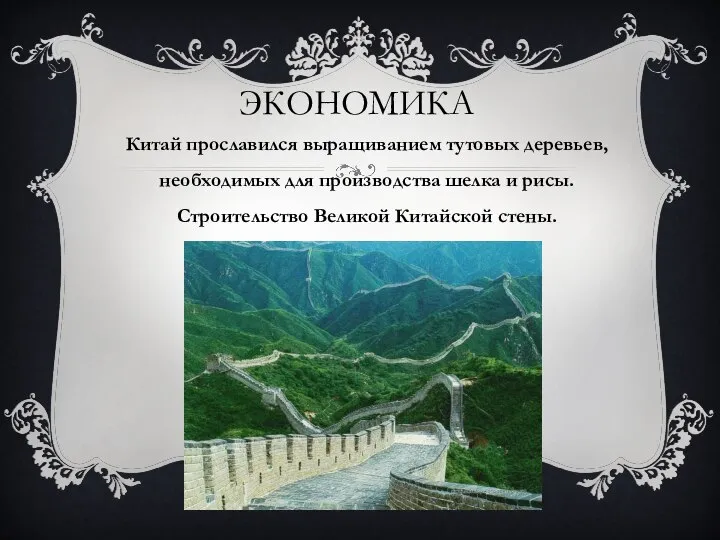 Китай прославился выращиванием тутовых деревьев, необходимых для производства шелка и рисы. Строительство Великой Китайской стены. ЭКОНОМИКА