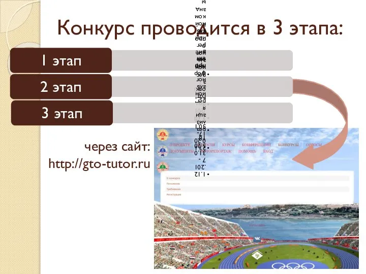 Конкурс проводится в 3 этапа: через сайт: http://gto-tutor.ru