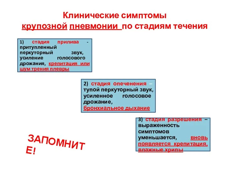 Клинические симптомы крупозной пневмонии по стадиям течения 1) стадия прилива - притупленный