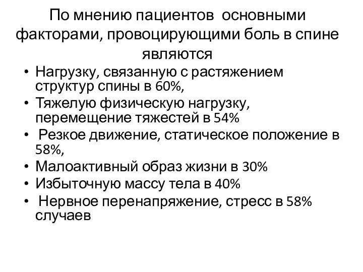 По мнению пациентов основными факторами, провоцирующими боль в спине являются Нагрузку, связанную