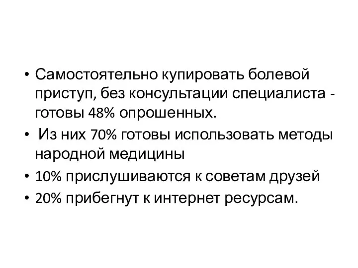 Самостоятельно купировать болевой приступ, без консультации специалиста -готовы 48% опрошенных. Из них