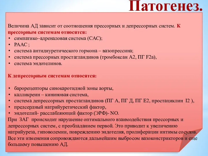 Величина АД зависит от соотношения прессорных и депрессорных систем. К прессорным системам