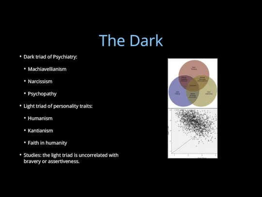 The Dark Dark triad of Psychiatry: Machiavellianism Narcissism Psychopathy Light triad of