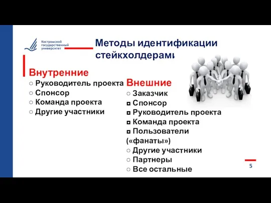 5 Методы идентификации стейкхолдерами Внутренние ○ Руководитель проекта ○ Спонсор ○ Команда