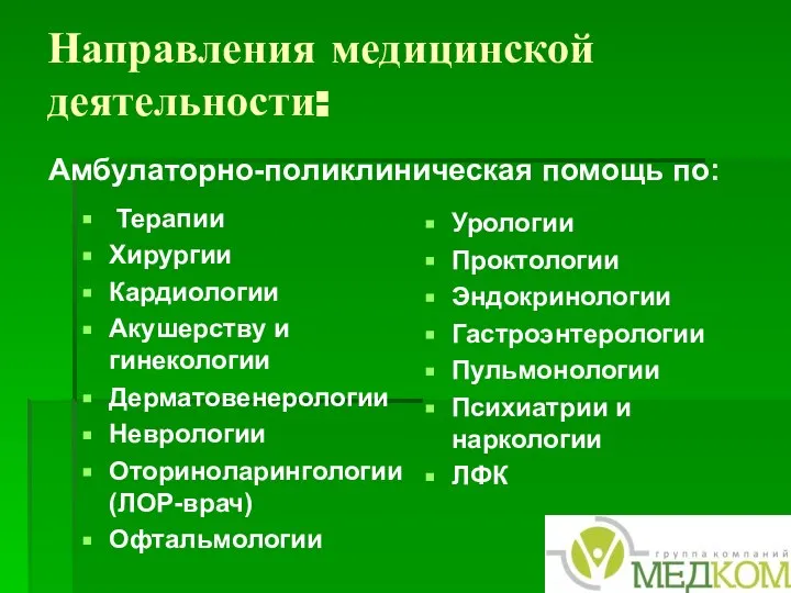 Направления медицинской деятельности: Терапии Хирургии Кардиологии Акушерству и гинекологии Дерматовенерологии Неврологии Оториноларингологии