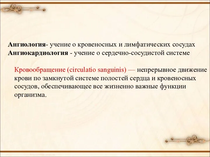 Ангиология- учение о кровеносных и лимфатических сосудах Ангиокардиология - учение о сердечно-сосудистой