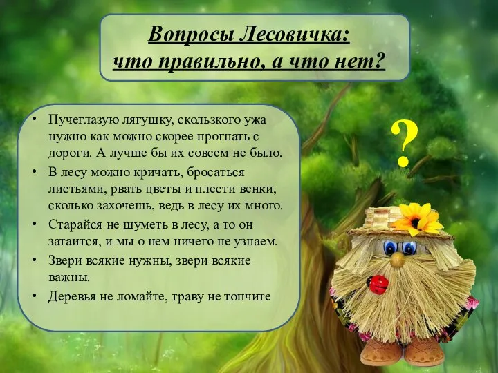 Вопросы Лесовичка: что правильно, а что нет? Пучеглазую лягушку, скользкого ужа нужно