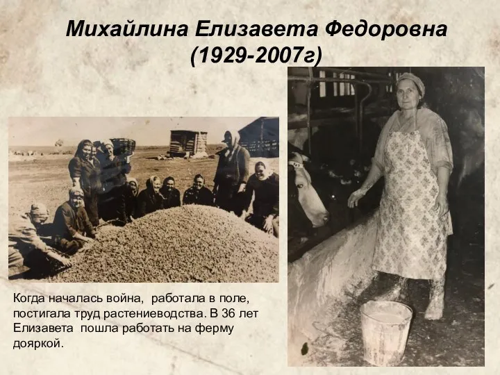 Михайлина Елизавета Федоровна (1929-2007г) Когда началась война, работала в поле, постигала труд