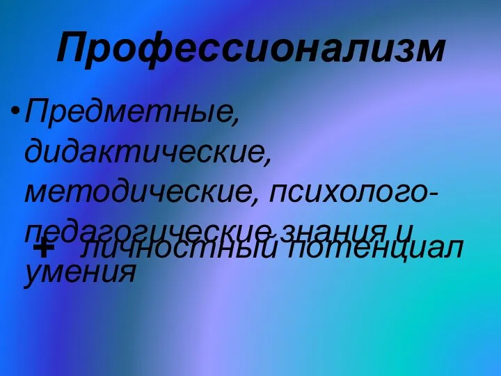 Профессионализм Предметные, дидактические, методические, психолого-педагогические знания и умения личностный потенциал +