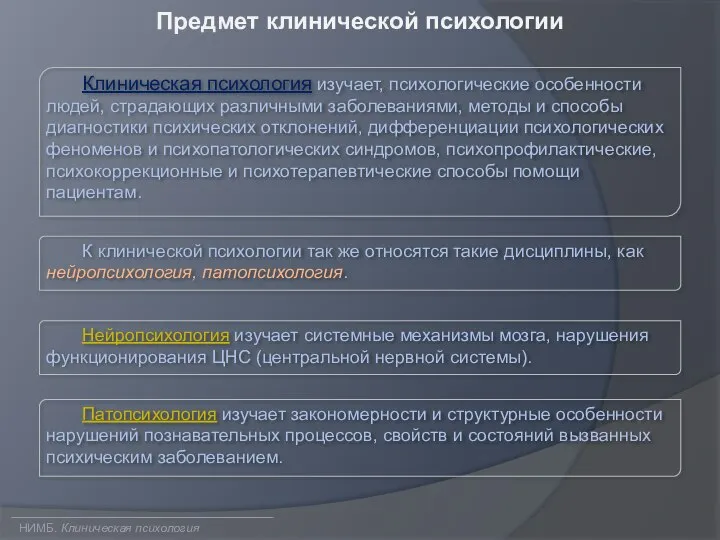 Предмет клинической психологии Клиническая психология изучает, психологические особенности людей, страдающих различными заболеваниями,