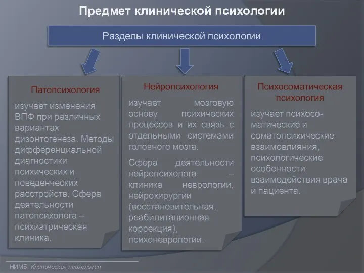 Предмет клинической психологии Разделы клинической психологии НИМБ. Клиническая психология