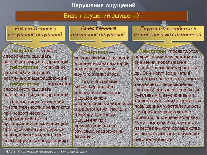 НИМБ. Клиническая психология. Патопсихология Нарушения ощущений Виды нарушений ощущений