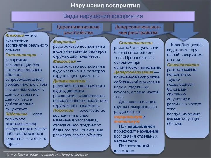 НИМБ. Клиническая психология. Патопсихология Нарушения восприятия Виды нарушений восприятия