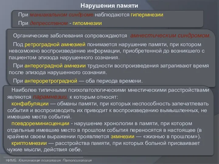 НИМБ. Клиническая психология. Патопсихология Нарушения памяти