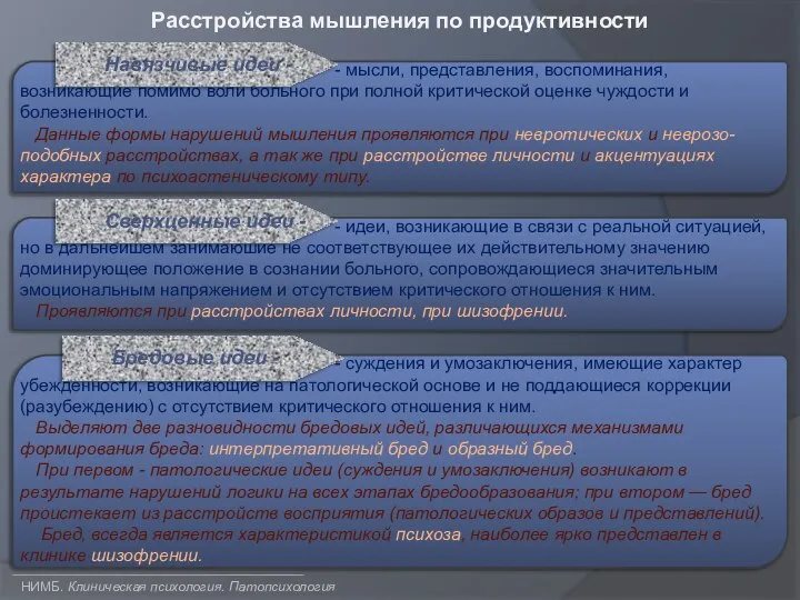 НИМБ. Клиническая психология. Патопсихология Расстройства мышления по продуктивности