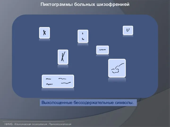 НИМБ. Клиническая психология. Патопсихология Пиктограммы больных шизофренией Выхолощенные бессодержательные символы.