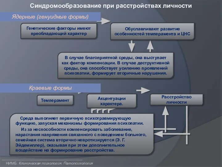 Синдромообразование при расстройствах личности НИМБ. Клиническая психология. Патопсихология Генетические факторы имеют преобладающий