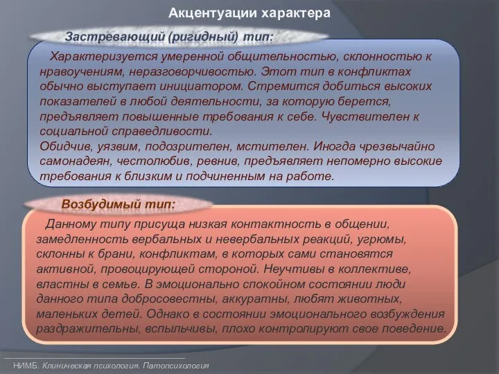 Акцентуации характера НИМБ. Клиническая психология. Патопсихология