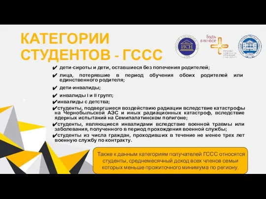 КАТЕГОРИИ СТУДЕНТОВ - ГССС дети-сироты и дети, оставшиеся без попечения родителей; лица,