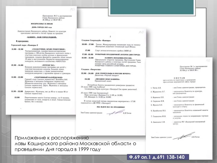 Приложение к распоряжению лавы Каширского района Московской области о проведении Дня города