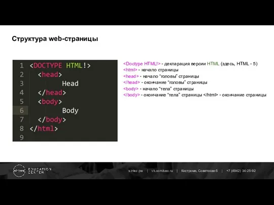 Структура web-страницы - декларация версии HTML (здесь, HTML - 5) - начало