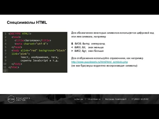 Спецсимволы HTML Для обозначения некоторых символов используется цифровой код или имя символа,