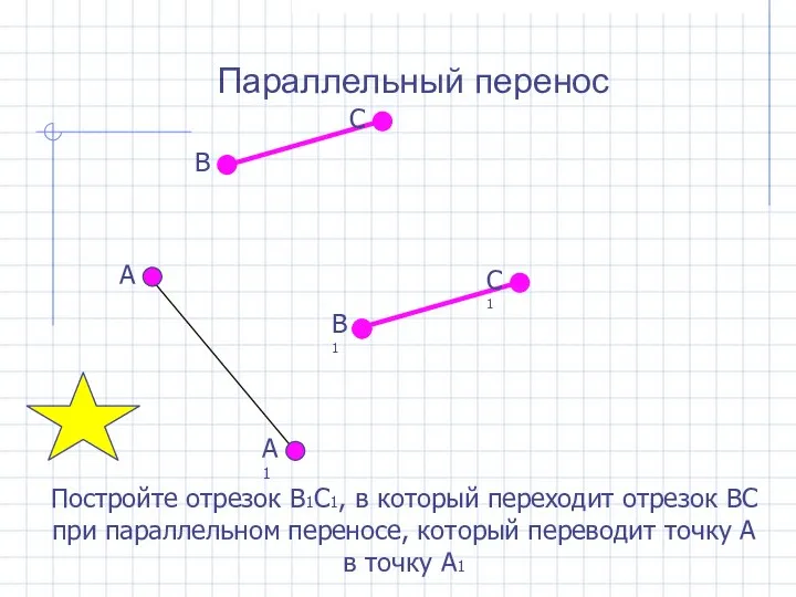 Параллельный перенос Постройте отрезок В1С1, в который переходит отрезок ВС при параллельном