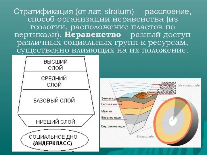 Стратификация (от лат. stratum) – расслоение, способ организации неравенства (из геологии, расположение