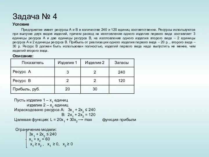 Задача № 4 Условие Предприятие имеет ресурсы А и В в количестве