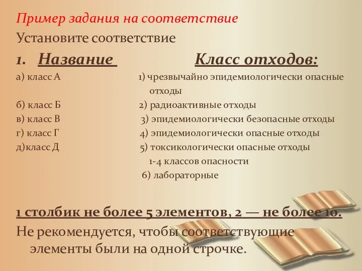 Пример задания на соответствие Установите соответствие 1. Название Класс отходов: а) класс