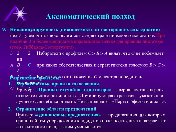 Аксиоматический подход Неманипулируемость (независимость от посторонних альтернатив) – нельзя увеличить свою полезность,