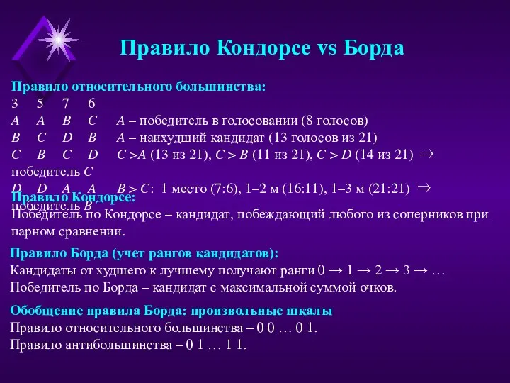 Правило Кондорсе vs Борда Правило относительного большинства: 3 5 7 6 A