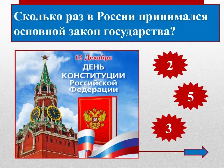 Сколько раз в России принимался основной закон государства? 2 5 3