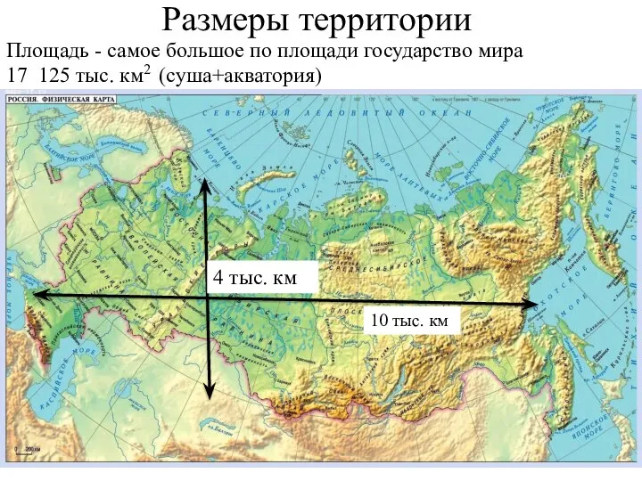 Размеры территории Площадь - самое большое по площади государство мира 17 125