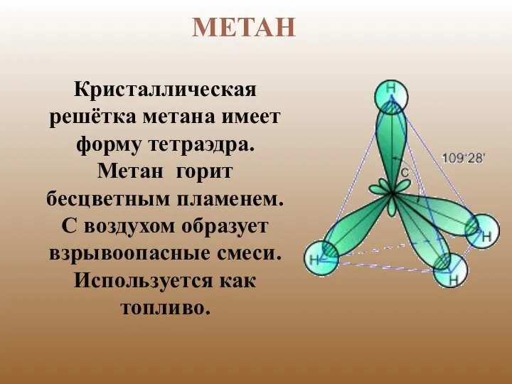 Кристаллическая решётка метана имеет форму тетраэдра. Метан горит бесцветным пламенем. С воздухом
