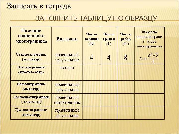 ЗАПОЛНИТЬ ТАБЛИЦУ ПО ОБРАЗЦУ Записать в тетрадь