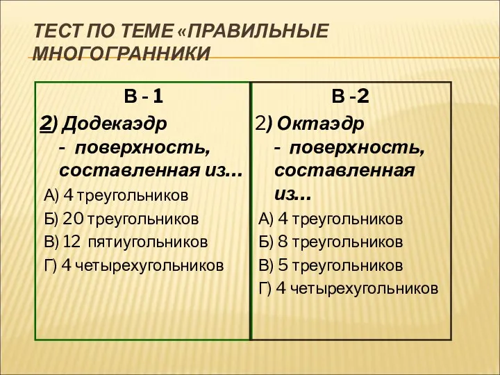 ТЕСТ ПО ТЕМЕ «ПРАВИЛЬНЫЕ МНОГОГРАННИКИ В - 1 2) Додекаэдр - поверхность,