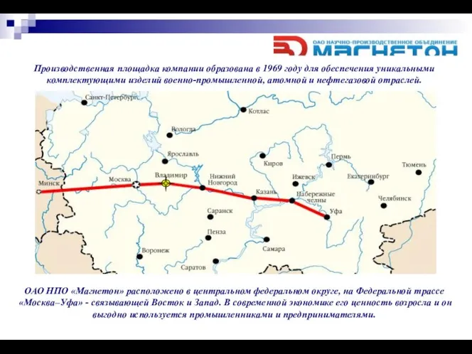 ОАО НПО «Магнетон» расположено в центральном федеральном округе, на Федеральной трассе «Москва–Уфа»