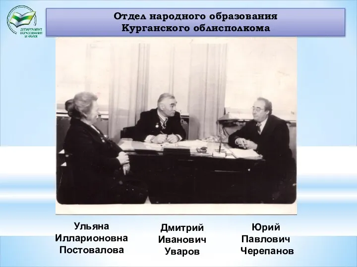 Отдел народного образования Курганского облисполкома Ульяна Илларионовна Постовалова Дмитрий Иванович Уваров Юрий Павлович Черепанов