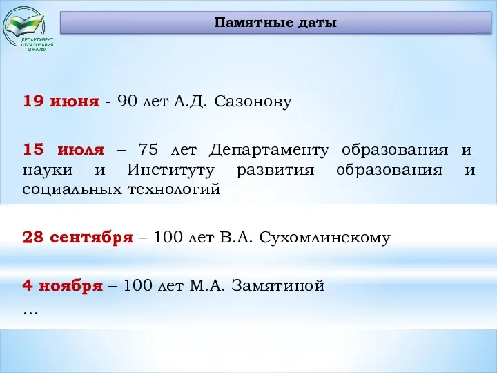 Памятные даты 19 июня - 90 лет А.Д. Сазонову 15 июля –