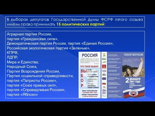 В выборах депутатов Государственной Думы ФСРФ пятого созыва имели право принимать 15