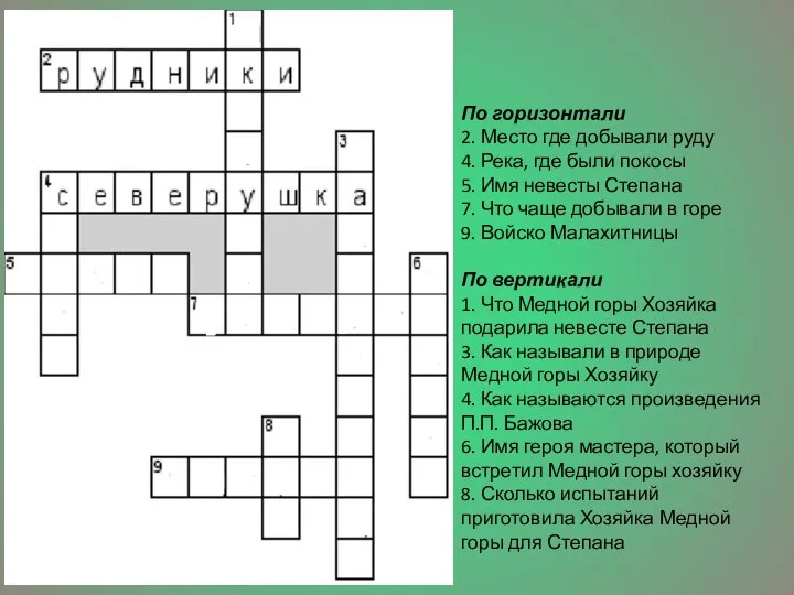 Костин С. По горизонтали 2. Место где добывали руду 4. Река, где