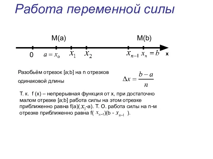 Работа переменной силы 0 M(a) M(b) x Разобьём отрезок [a;b] на n