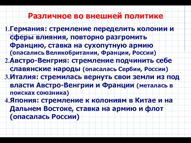 Различное во внешней политике Германия: стремление переделить колонии и сферы влияния, повторно