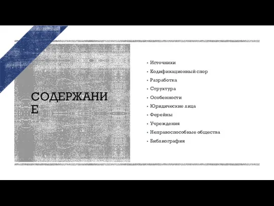 СОДЕРЖАНИЕ Источники Кодификационный спор Разработка Структура Особенности Юридические лица Ферейны Учреждения Неправоспособные общества Библиография