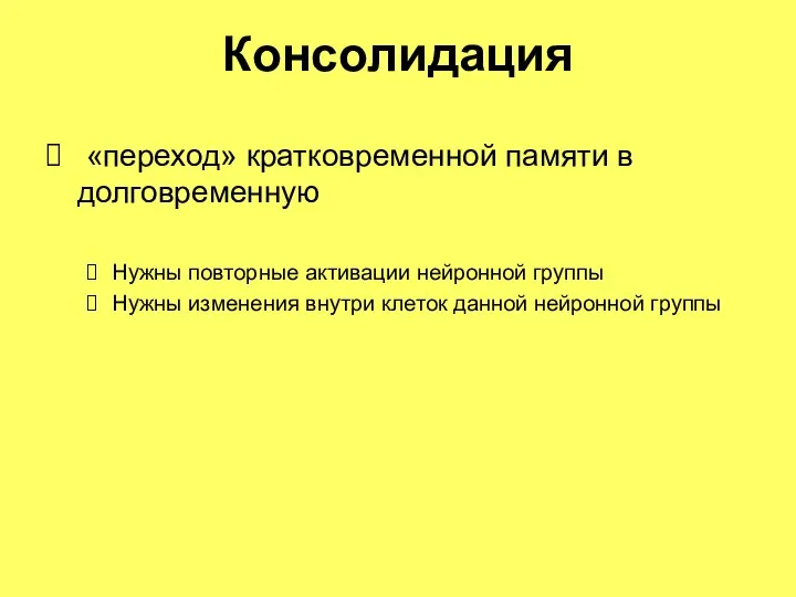 Консолидация «переход» кратковременной памяти в долговременную Нужны повторные активации нейронной группы Нужны