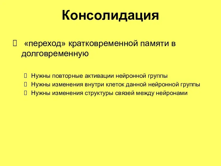 Консолидация «переход» кратковременной памяти в долговременную Нужны повторные активации нейронной группы Нужны