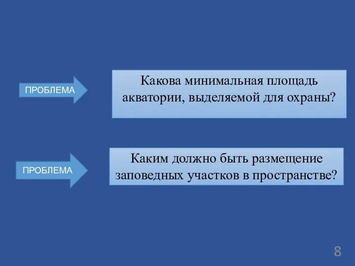 ПРОБЛЕМА Какова минимальная площадь акватории, выделяемой для охраны? ПРОБЛЕМА Каким должно быть