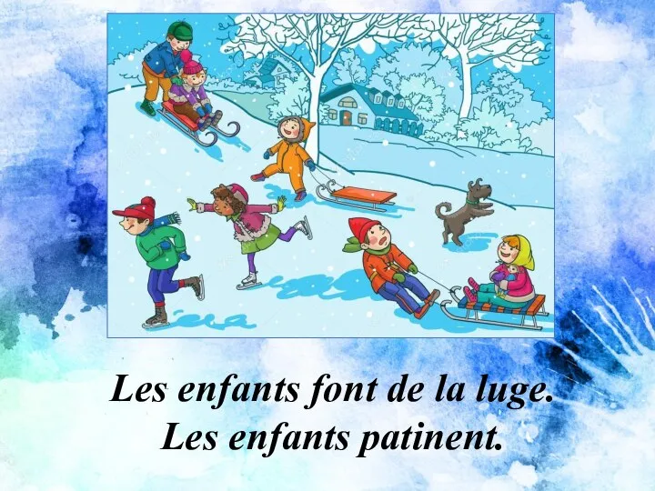 Les enfants font de la luge. Les enfants patinent.